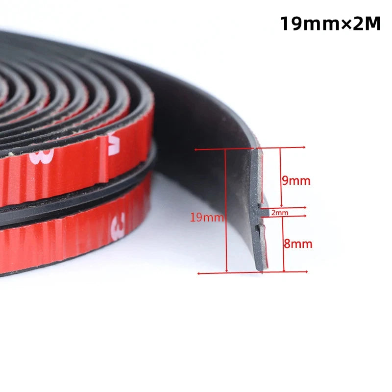 Roll of black rubber sealing strip with red markings, showing cross-section dimensions.