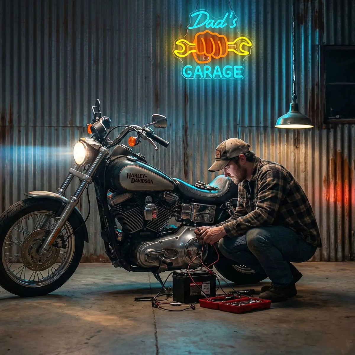 A man working on a motorcycle in a garage with a neon sign that reads Dad's Garage.