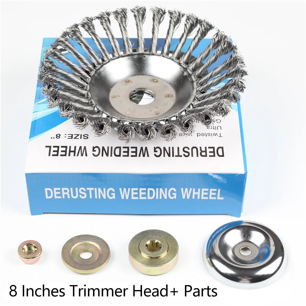 A box and various parts of a derusting wedding wheel trimmer head for garden brushes.