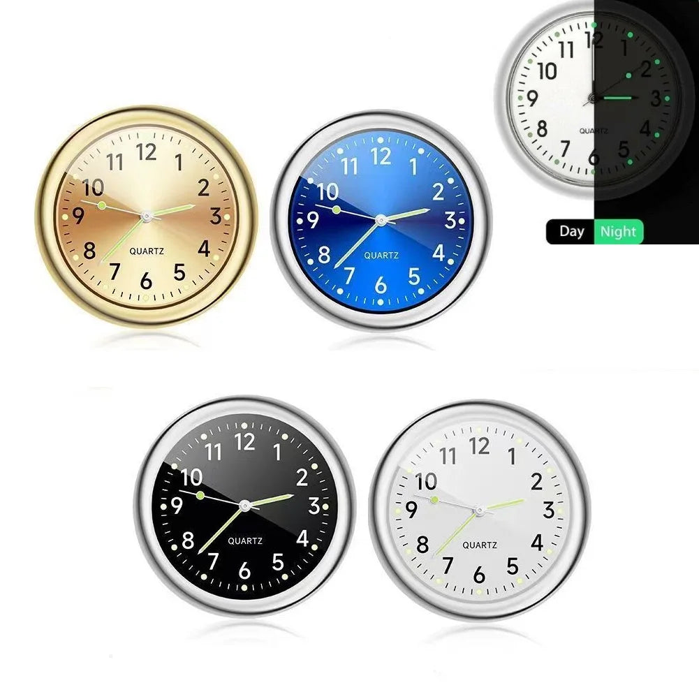 A set of mini car vent quartz clocks showing different time displays and night mode.