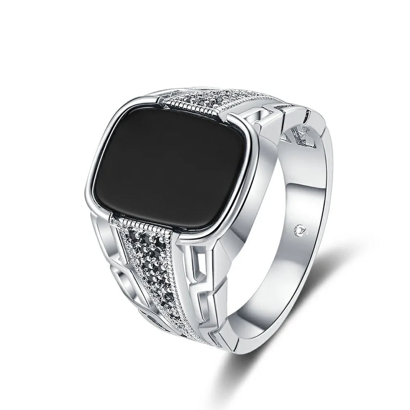 Vintage Sterling Silver Ring with Natural Black Agate Stone