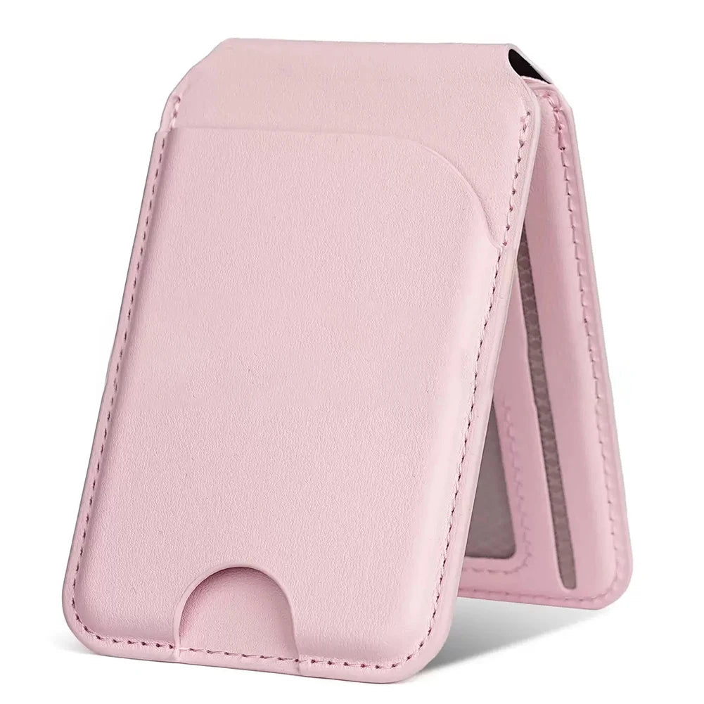 Portefeuille en cuir rose avec support réglable, vue de profil.