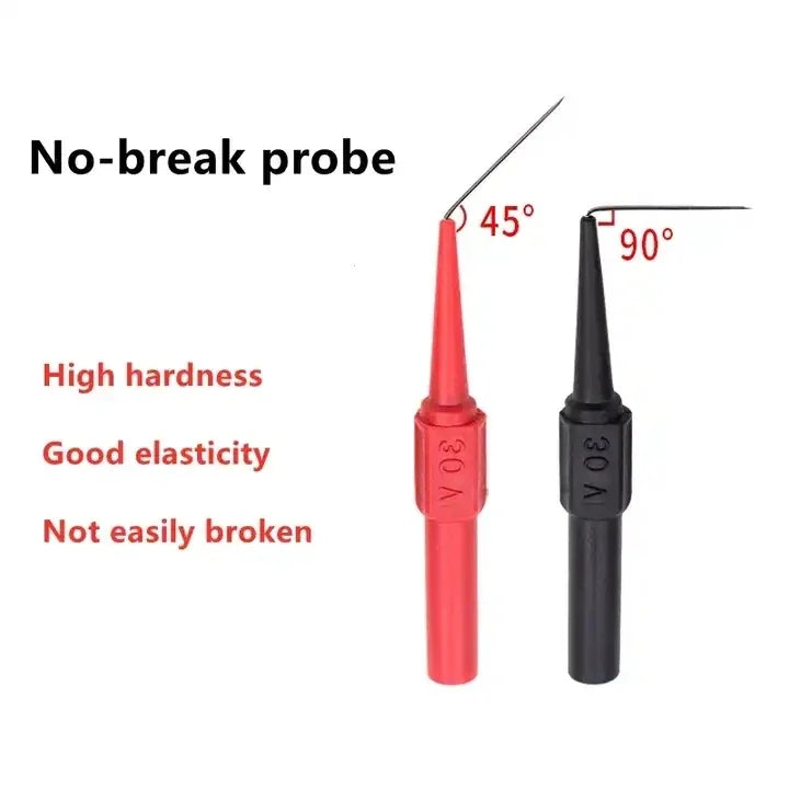 A red multimeter probe with a needle tip is shown at a 45-degree angle next to a black probe at a 90-degree angle.