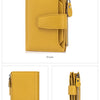 A yellow genuine leather RFID blocking bi-fold wallet shown from the front, back, and side views.