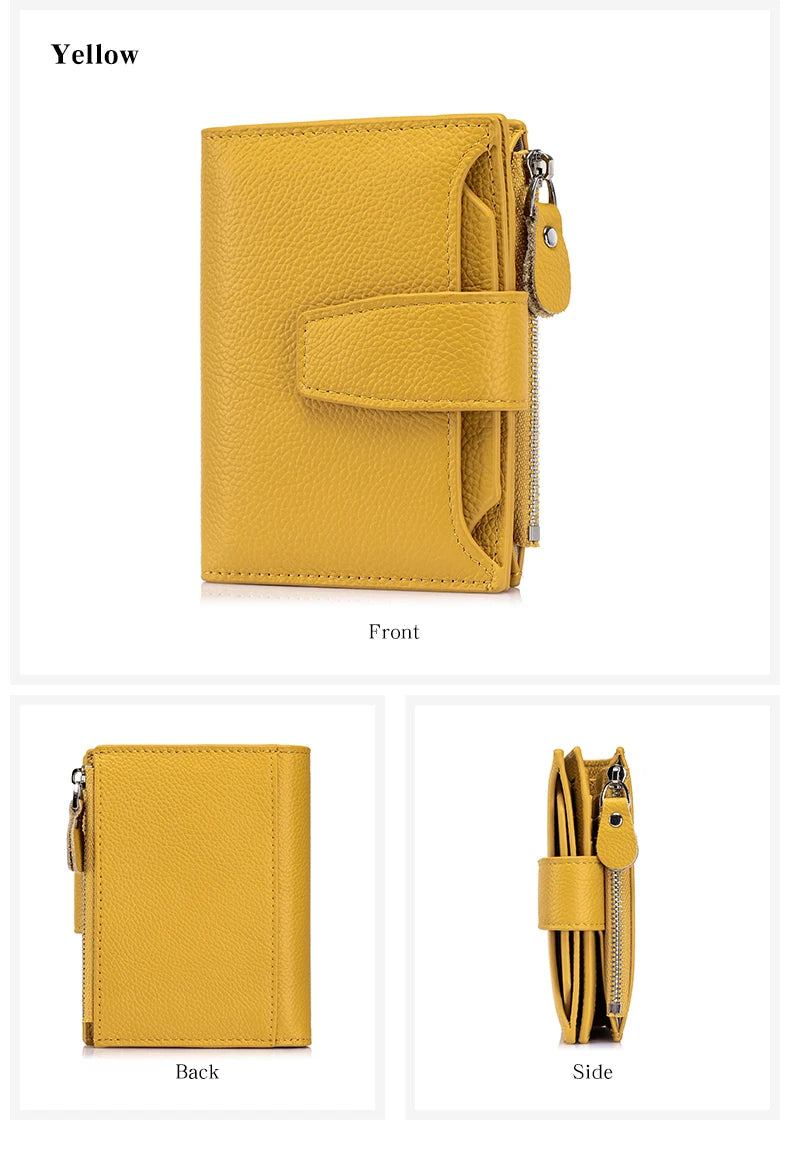 A yellow genuine leather RFID blocking bi-fold wallet shown from the front, back, and side views.