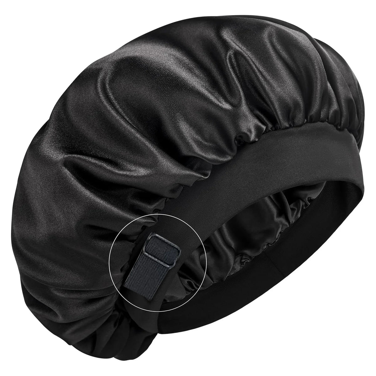 Black silk sleep cap with an adjustable band shown from above.