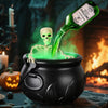 A dark cauldron is shown with a green liquid potion floating above it, creating a mist effect in a Halloween-themed setting.