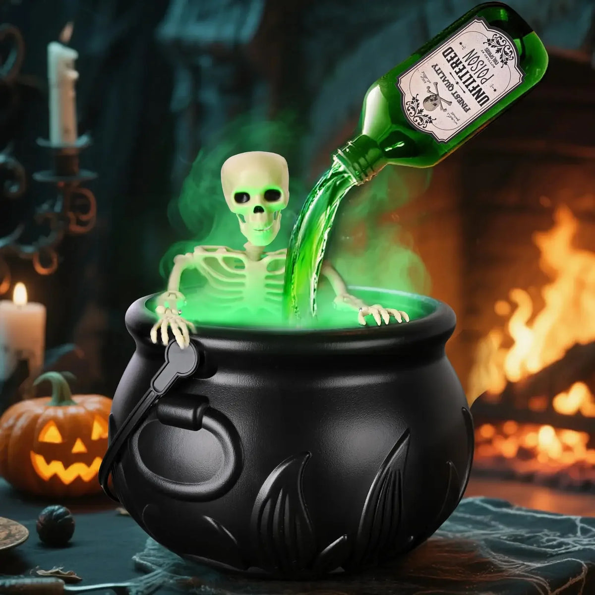 A dark cauldron is shown with a green liquid potion floating above it, creating a mist effect in a Halloween-themed setting.