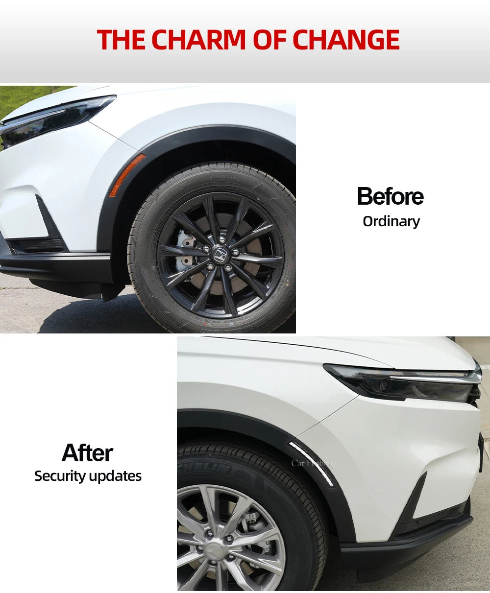 Comparison showing a car's wheel before and after security updates, highlighting the change in design.