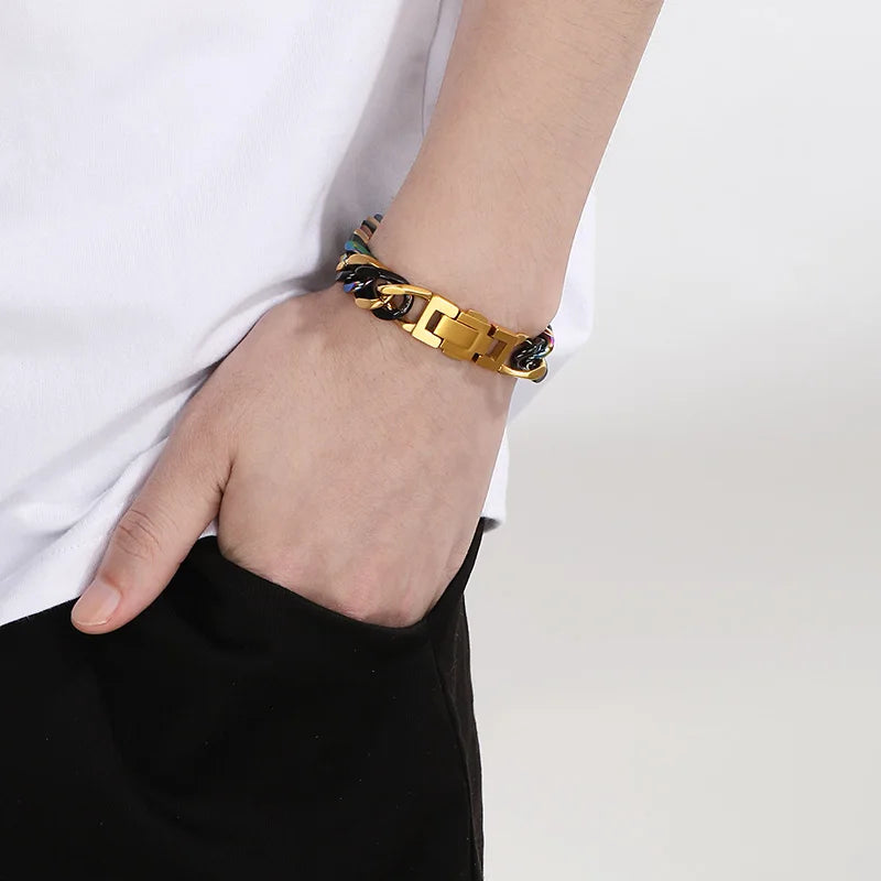 A close-up of a man's wrist wearing a chunky gold stainless steel Cuban chain bracelet.