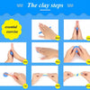 A set of clay modeling tools and clay for kids demonstrating essential exercises like knead, twist, press, cut, attach, and g
