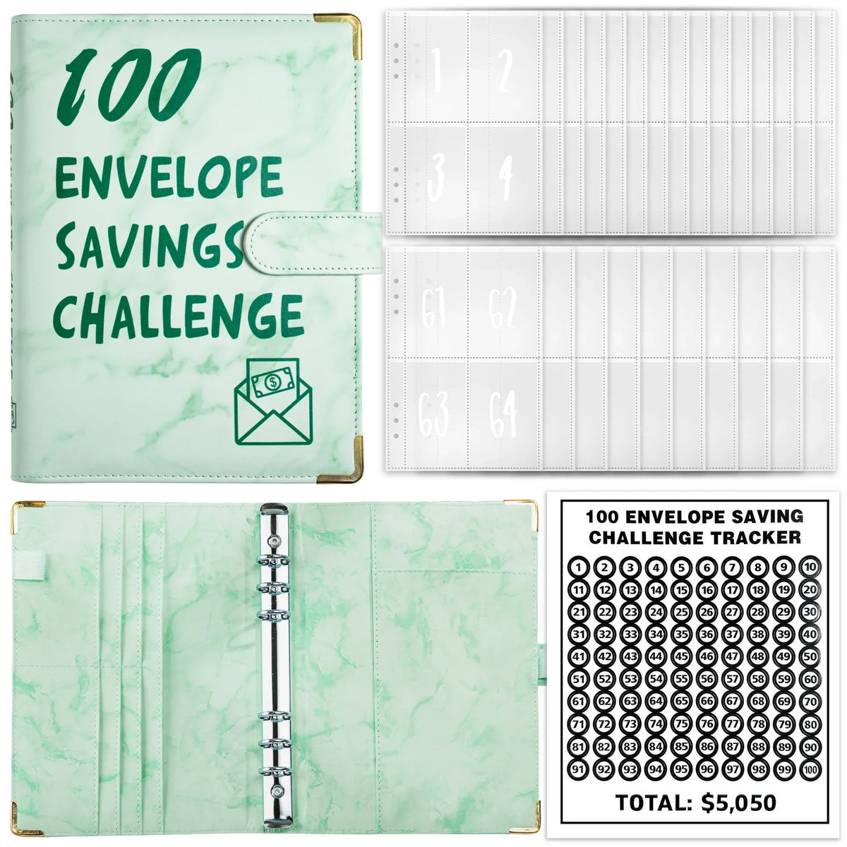 Marble A5 Savings Challenge Binder with 100 Cash Envelopes