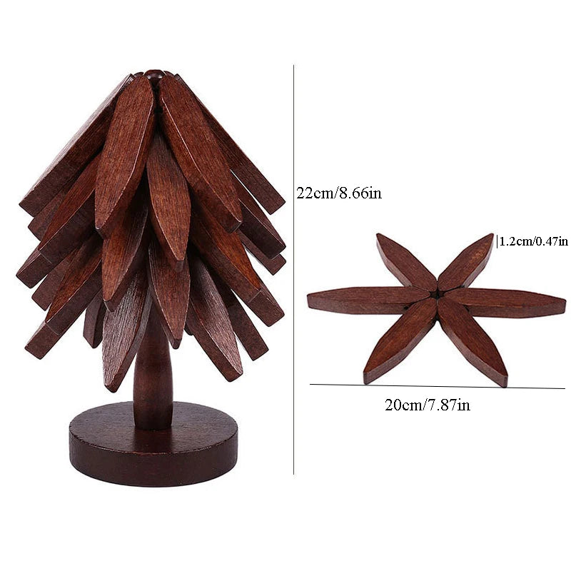 A wooden tree design coaster featuring folding placemats, made of dark brown wood.