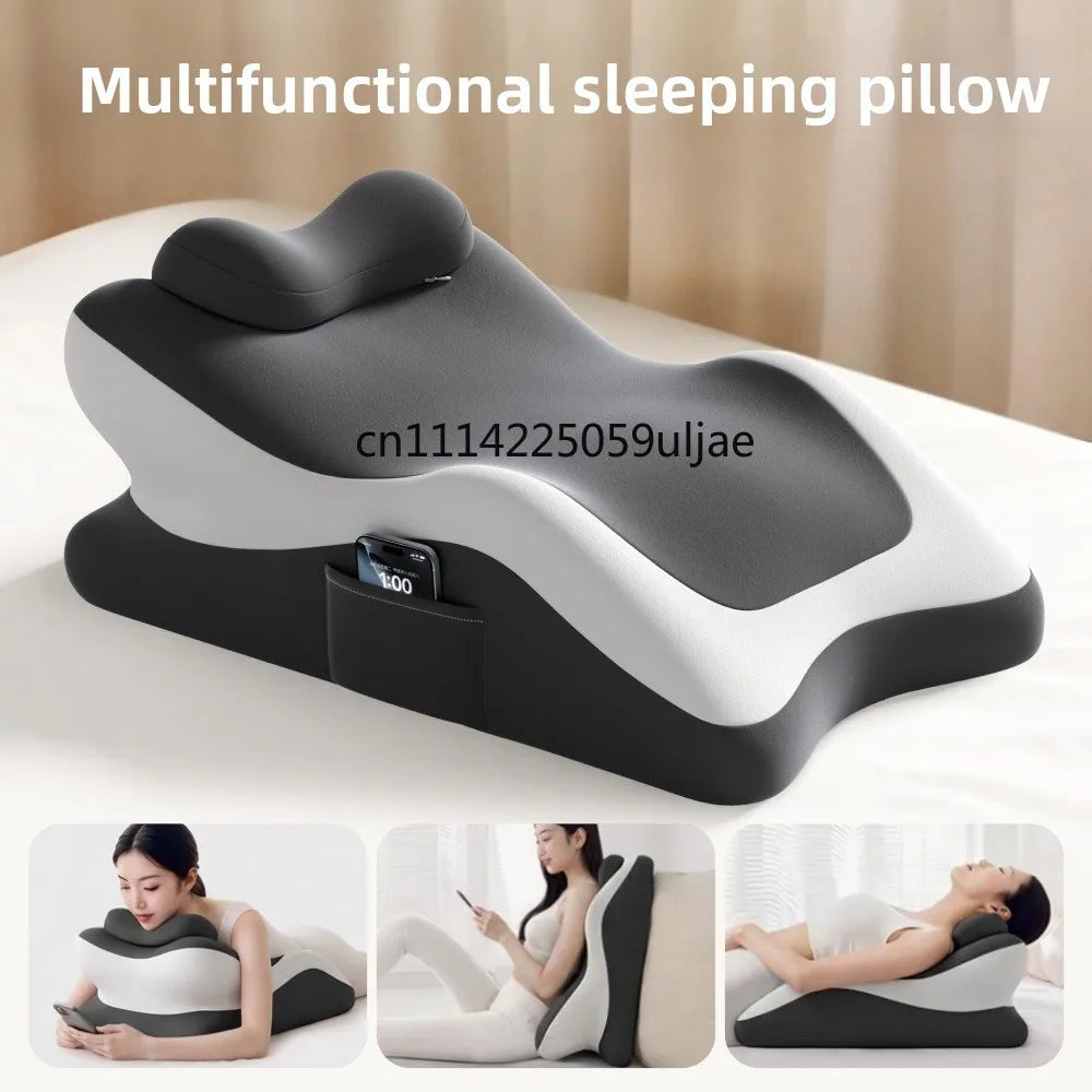 A multifunctional memory foam sleeping pillow in black and white rests on a bed, shown from multiple angles.