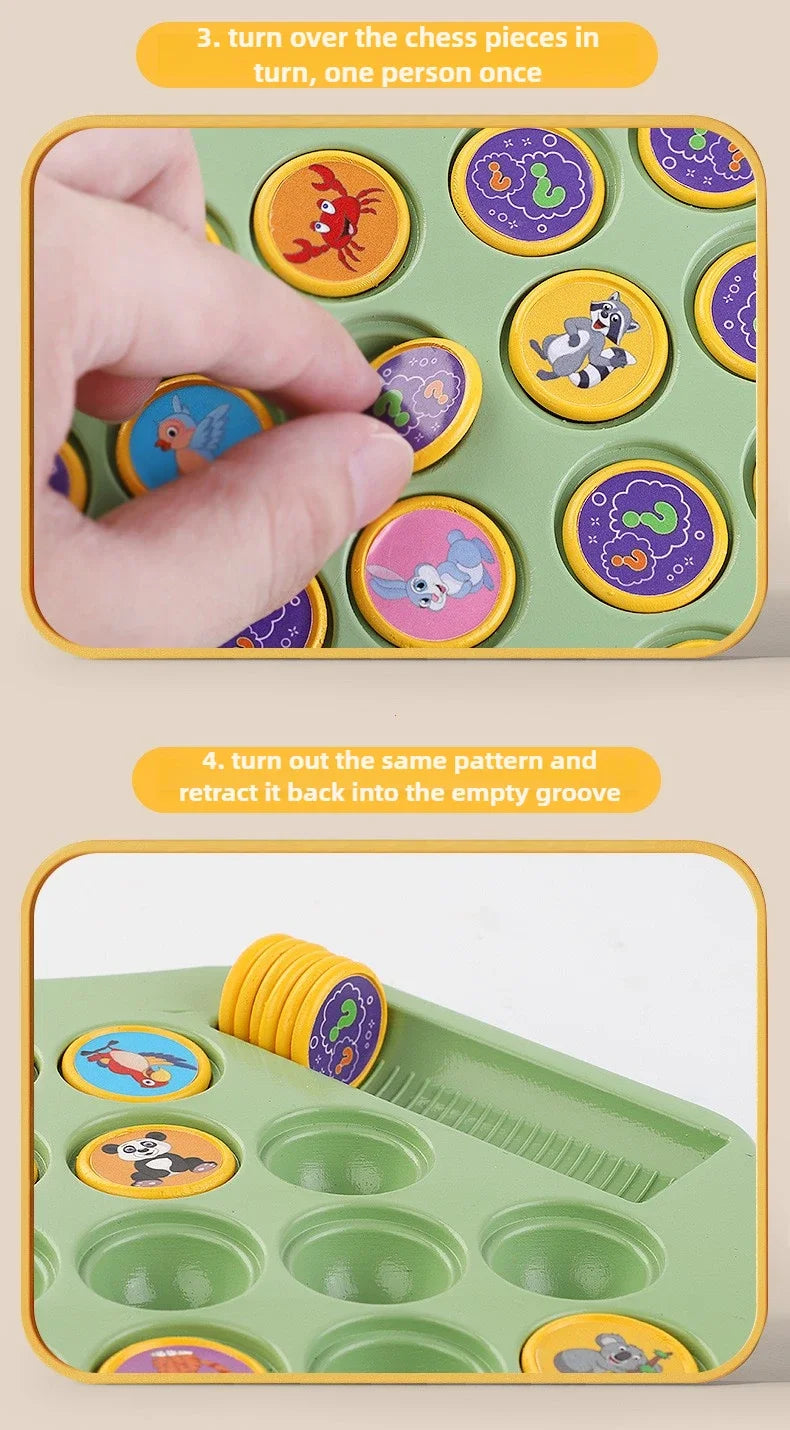 A hand turns a chess piece in a green puzzle board, demonstrating how to turn and retract the pieces.
