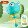 A cyan pull-string flying saucer toy frog with a yellow base, shown against a light green background.