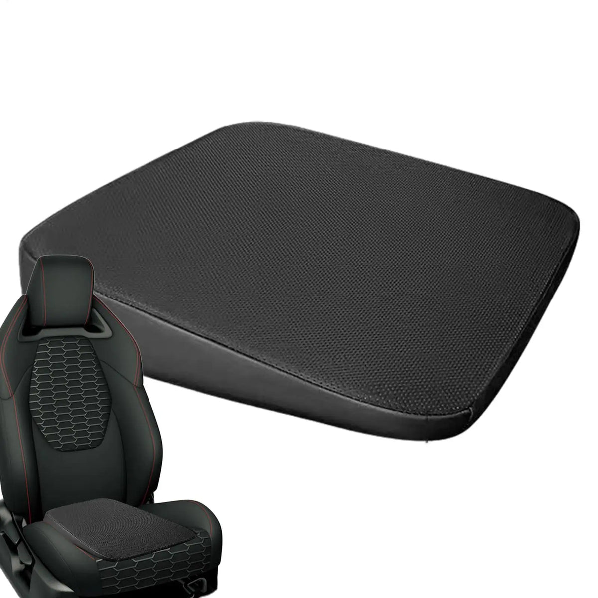 Cojín de asiento cuneiforme ergonómico negro para conductores, visto desde arriba y lateral