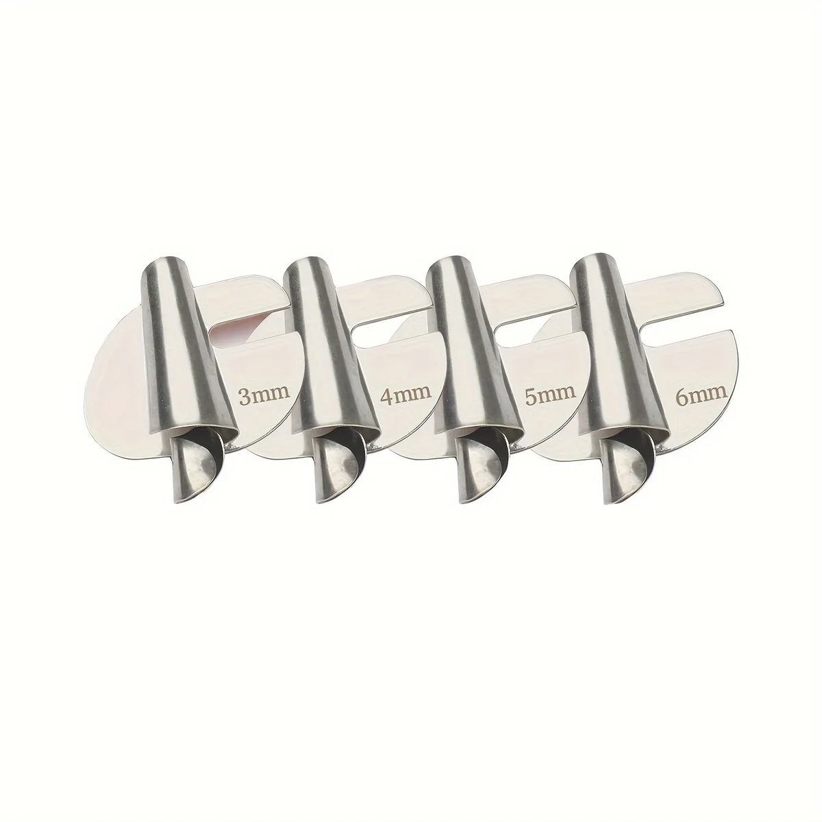 A set of universal rolled hemmer presser feet for sewing machines, showing sizes from 3mm to 6mm.