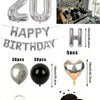 A kit featuring silver foil numbers, a happy birthday banner, balloons, and heart-shaped balloons for decoration.