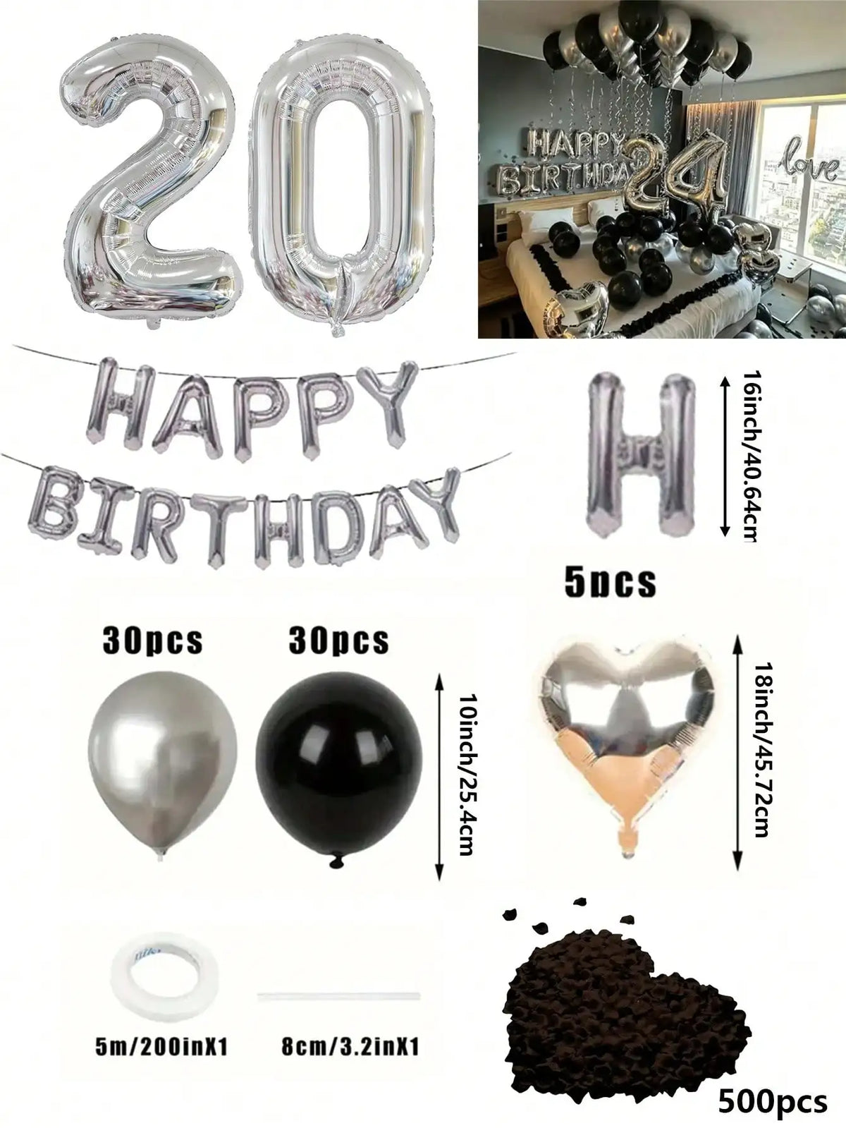 A kit featuring silver foil numbers, a happy birthday banner, balloons, and heart-shaped balloons for decoration.