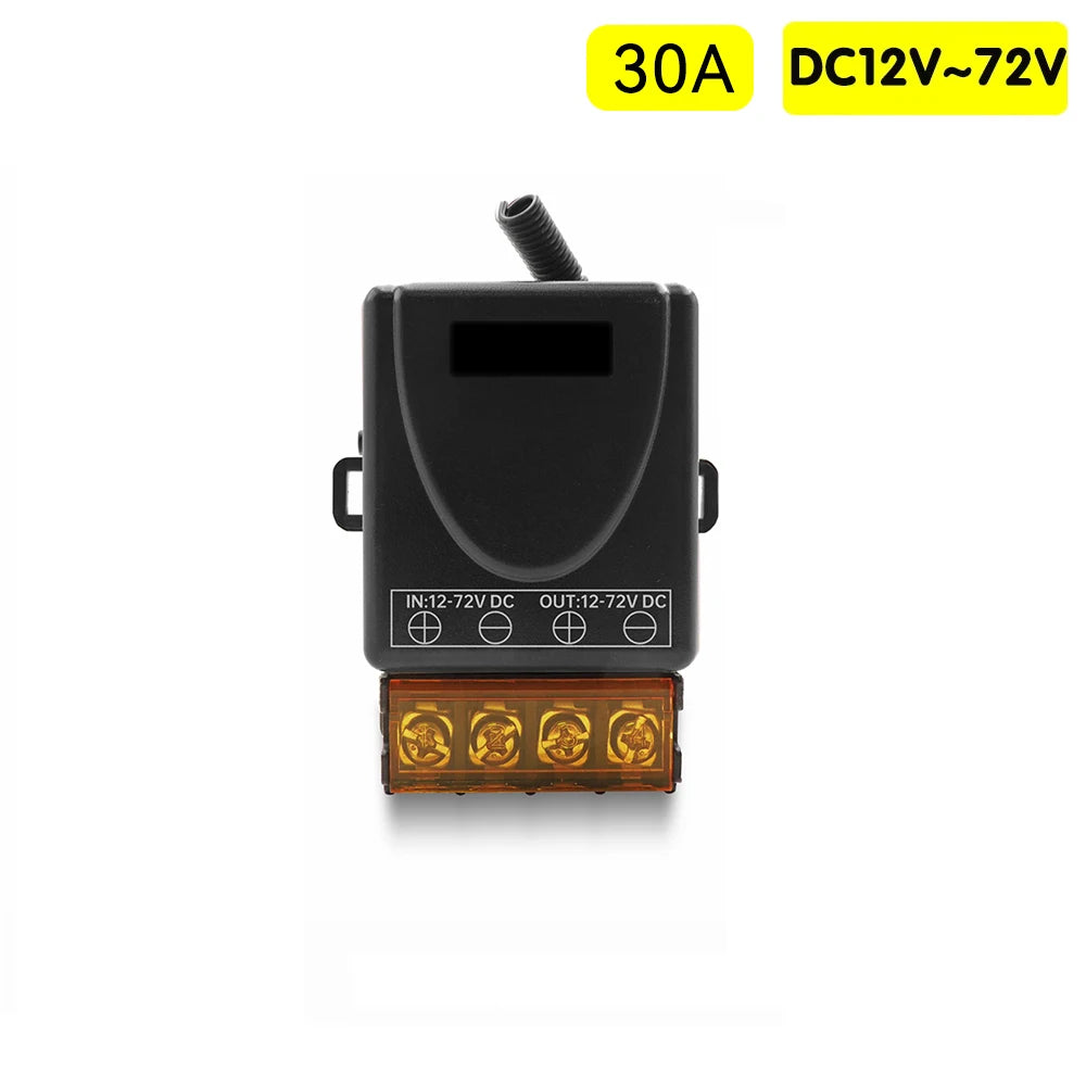 Black relay switch module for 12-72V DC and 30A current, featuring an LED indicator and a connector block.