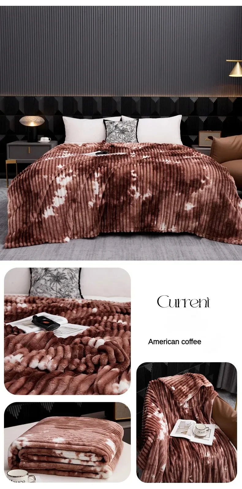 A brown flannel fleece throw blanket with a tie-dye pattern draped over a bed.