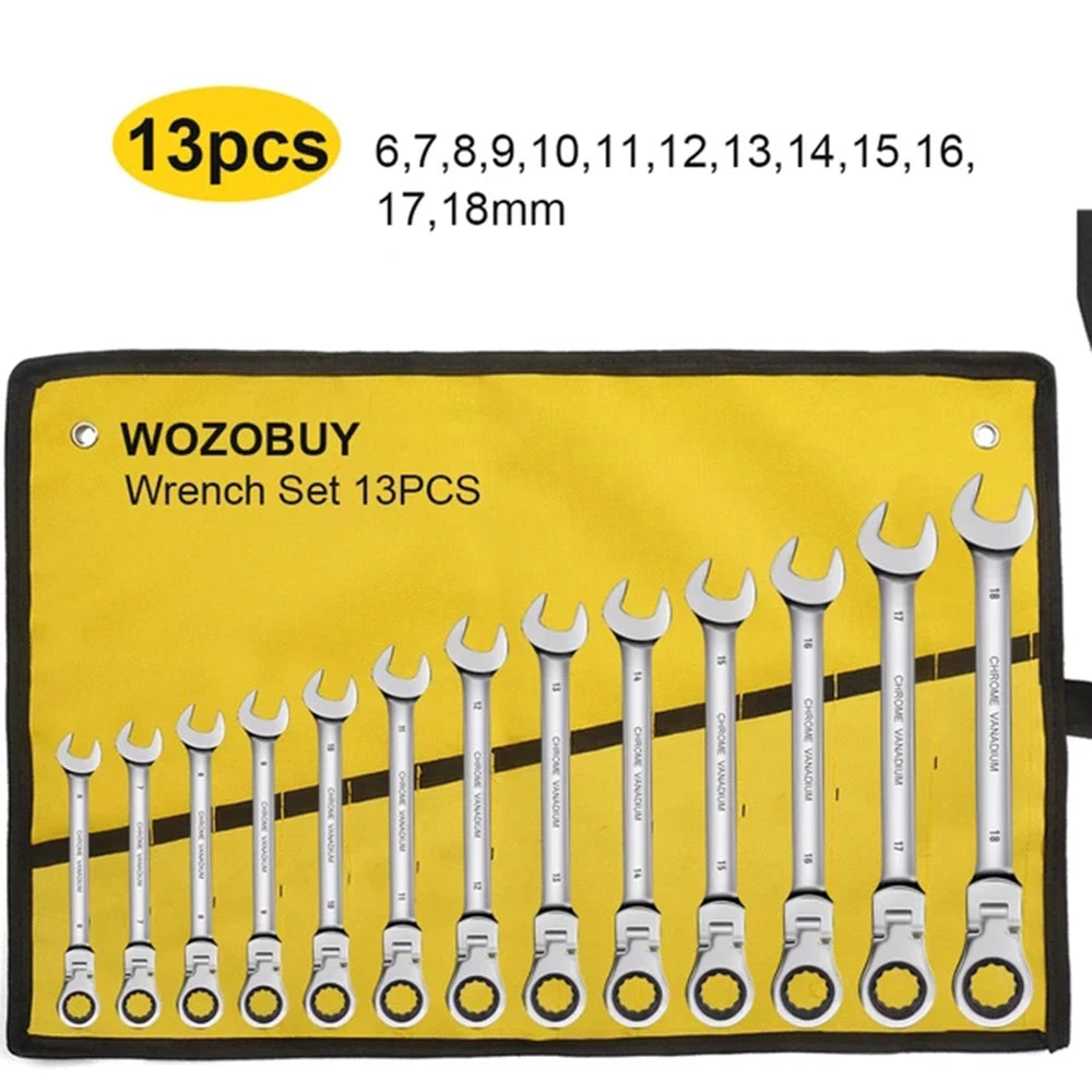 A yellow pouch containing a 13-piece wrench set with various sizes ranging from 6mm to 18mm.