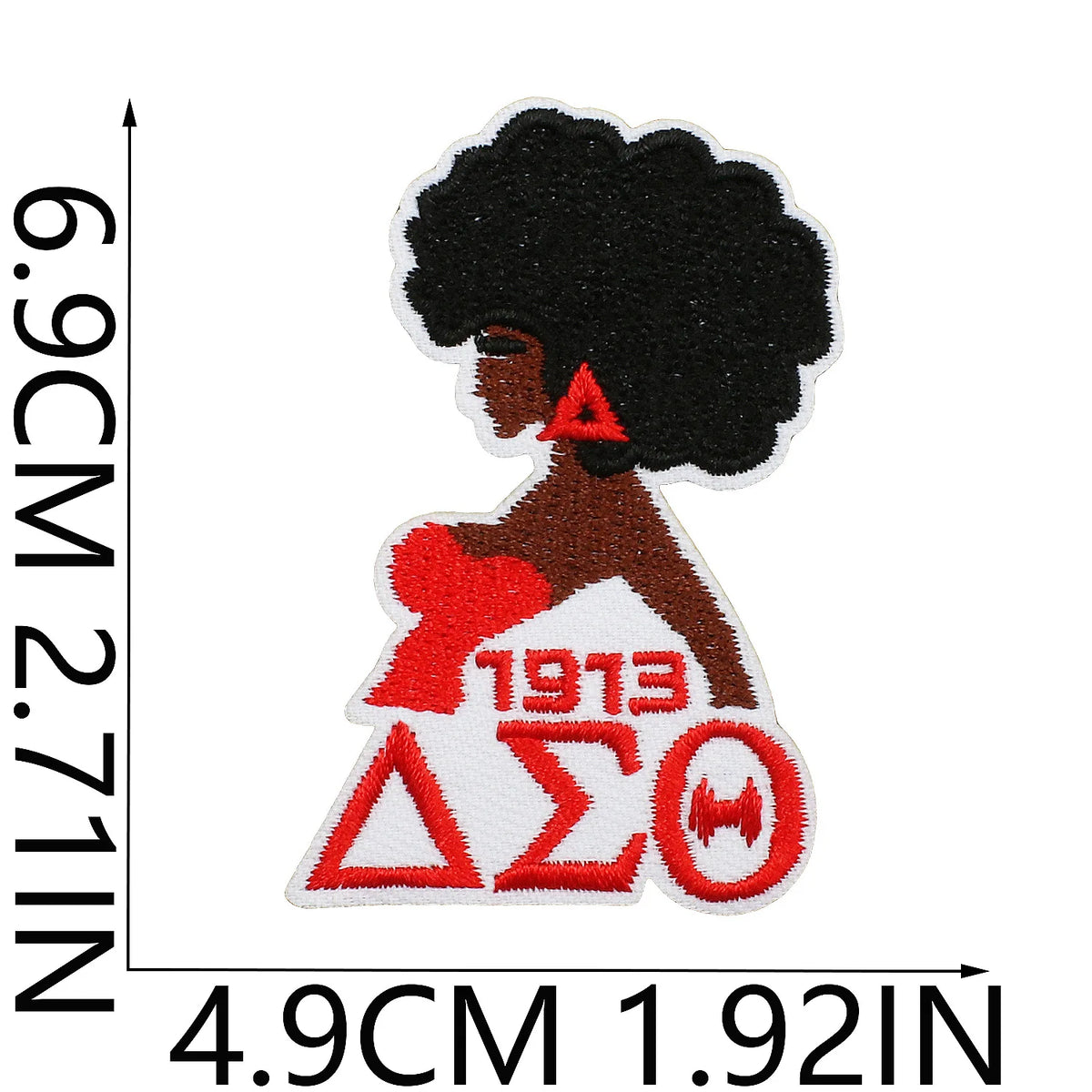 Embroidered patch featuring a silhouette of a woman, the year 1913, and the Delta Sigma Theta symbol.