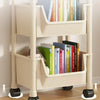 A white mobile multi-tier storage cart with wheels displaying various books and files.