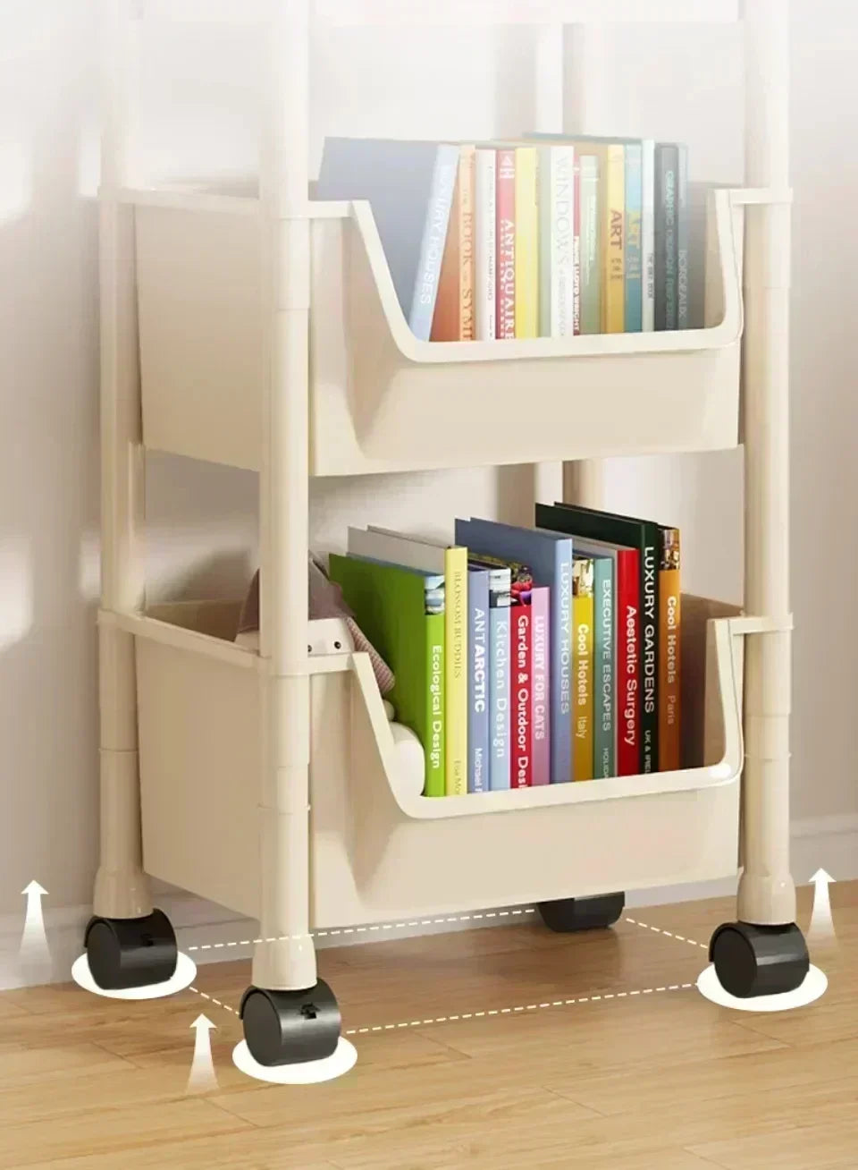 A white mobile multi-tier storage cart with wheels displaying various books and files.