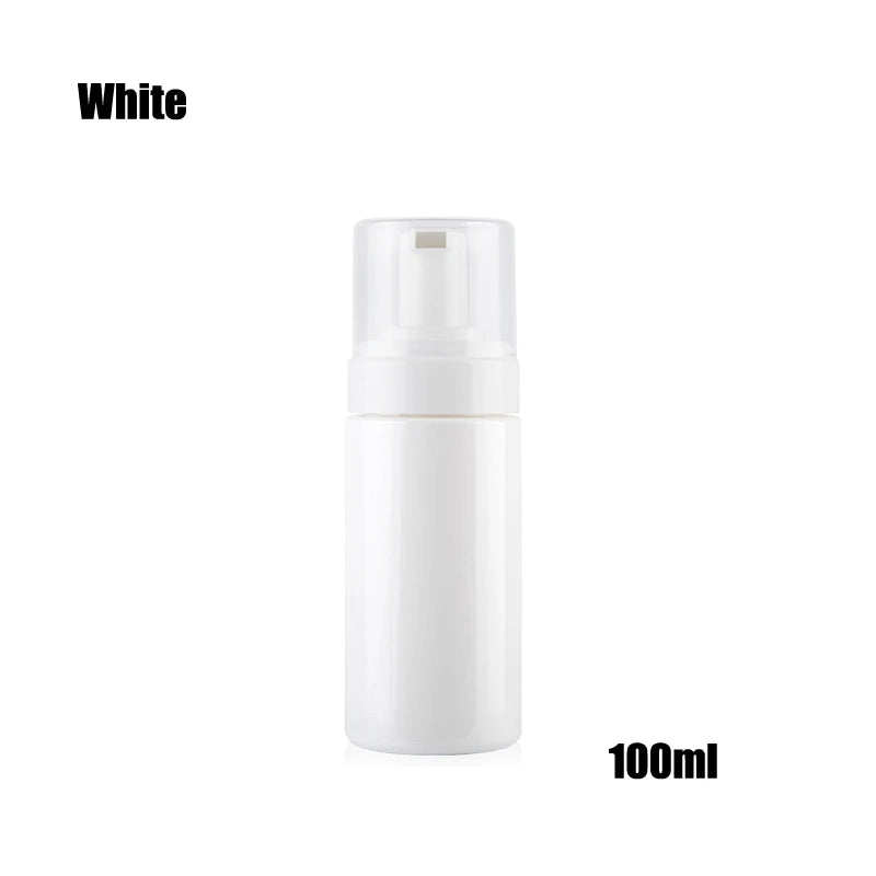 A white refillable foaming soap dispenser bottle with a pump top and a white body, labeled 100ml.