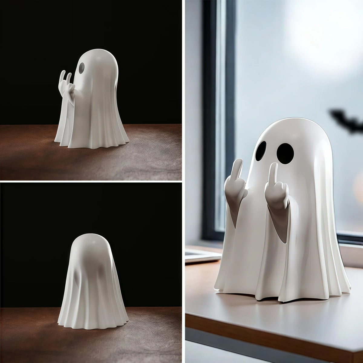 A white resin statue of a ghost with its finger raised, displayed on a wooden surface.