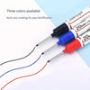 Three colored precision markers with long nibs are shown on a white background.