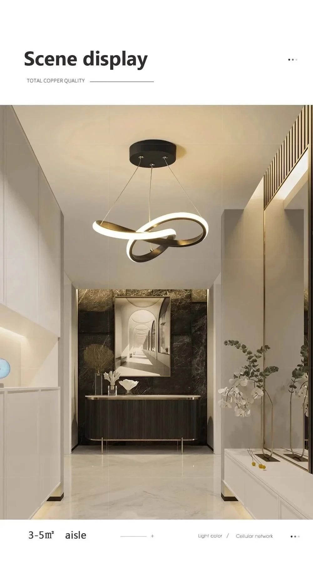 A modern interior scene featuring a curved gold LED pendant light fixture above a dark wooden console.