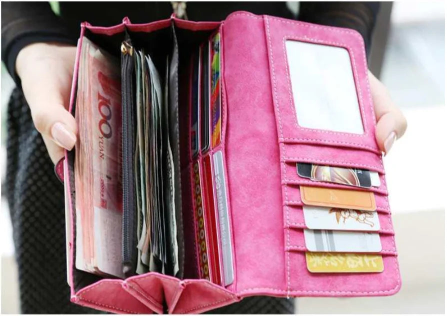 Women's RFID-Blocking Nubuck Leather Long Wallet with Multiple Card Slots