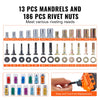 A set of 13 mandrels and 186 rivet nuts for riveting needs, shown alongside a tool.