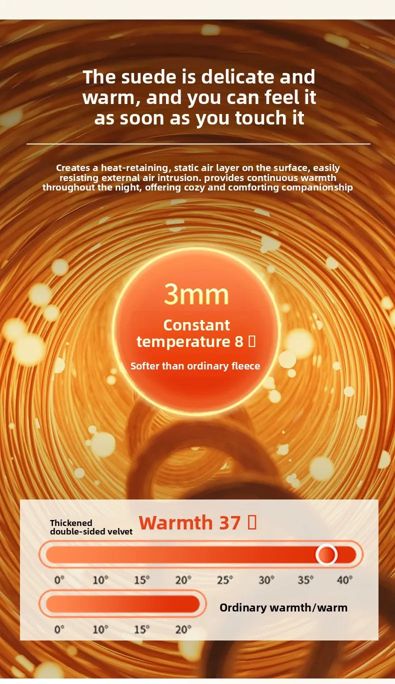 Close-up of a 3mm suede fabric showing warmth and texture, with a temperature scale indicating ordinary warmth/warm.