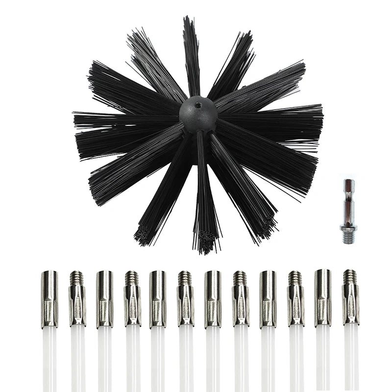 A black flexible chimney and dryer vent cleaning brush kit with multiple bristles.