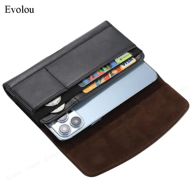 A black magnetic leather phone pouch with a belt clip holster is shown resting on a brown leather pad.