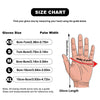 Size chart showing measurements for various glove sizes XS to XL