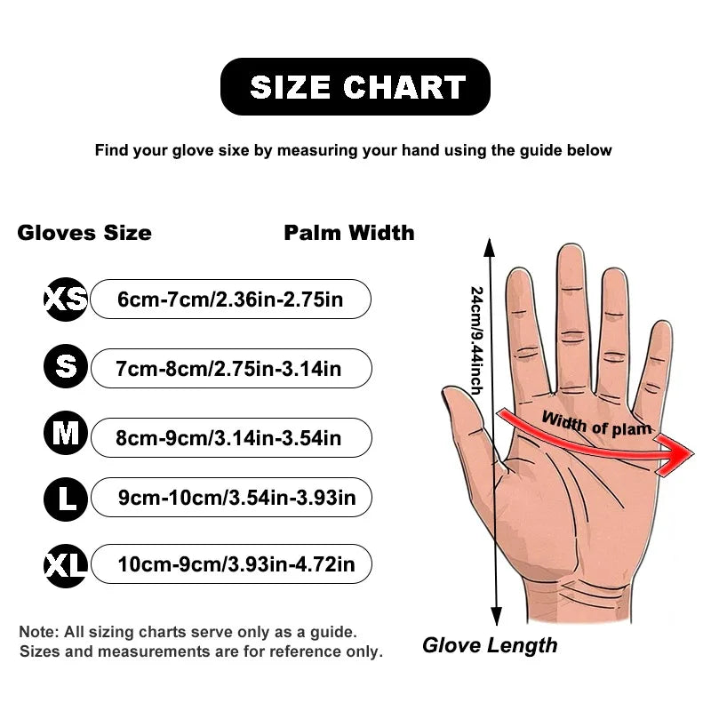 Size chart showing measurements for various glove sizes XS to XL