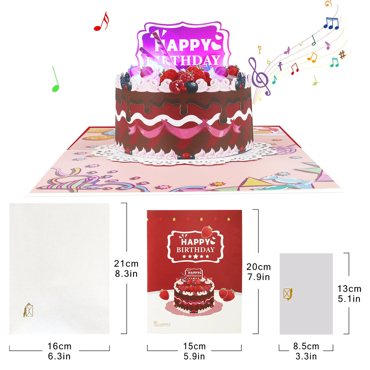 A musical 3D pop-up birthday card featuring a layered cake design.