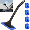 A black car windshield cleaning tool with a squeegee wiper and blue cleaning pads.