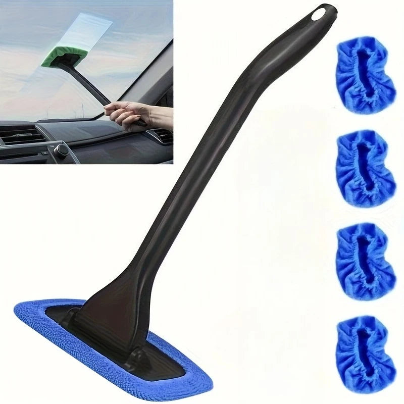 A black car windshield cleaning tool with a squeegee wiper and blue cleaning pads.