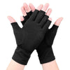 Black compression arthritis gloves with wrist support being held up by a person's fingers
