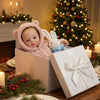 A lifelike reborn baby doll with a soft cloth body and 3D painted meadow design is displayed in a white gift box near a decor