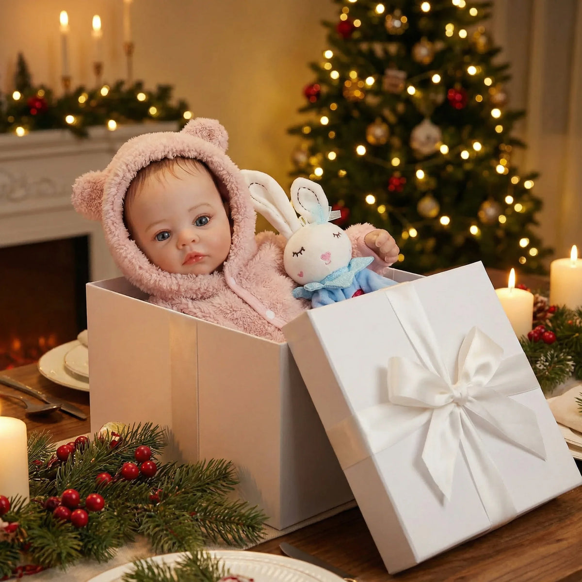 A lifelike reborn baby doll with a soft cloth body and 3D painted meadow design is displayed in a white gift box near a decor