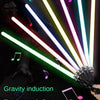 A hand holds an RGB lightsaber emitting a bright beam with various colors and a sound effect.
