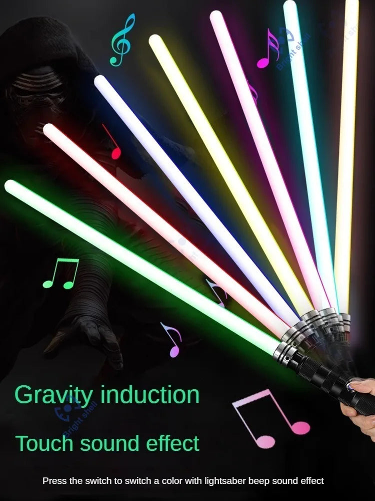A hand holds an RGB lightsaber emitting a bright beam with various colors and a sound effect.