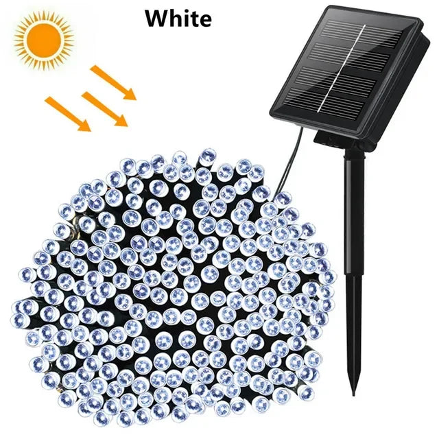 A black solar-powered outdoor string light with numerous LED bulbs is shown next to a solar panel.